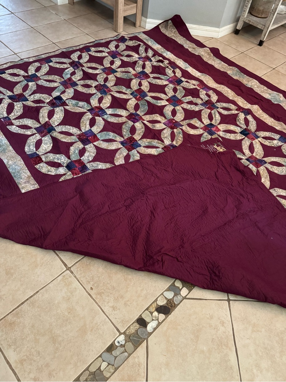 Handmade Wedding Quilt 105x95 Queen/King Interlocking Rings Burgundy Batik 2012